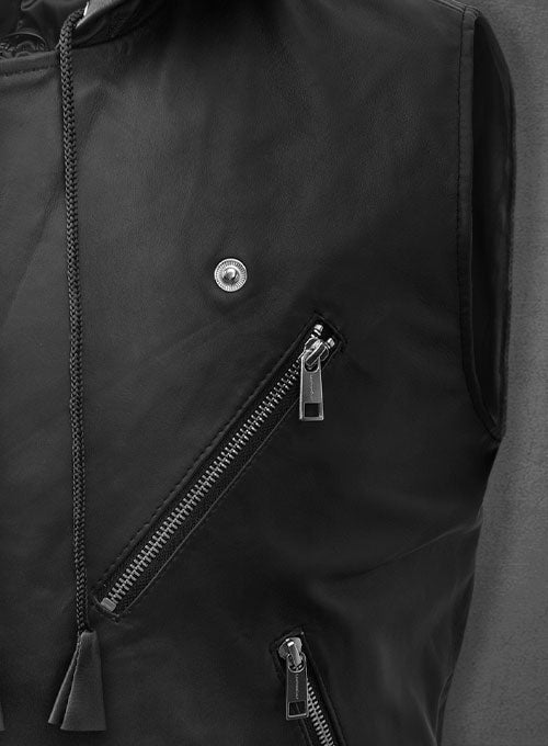 Men's Black Asymmetrical Biker MC Club Leather Hooded Vest - Rare Leather