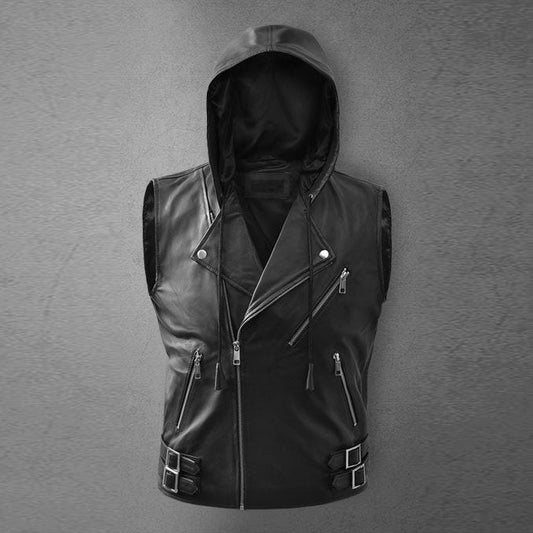 Men's Black Asymmetrical Biker MC Club Leather Hooded Vest - Vox Leather