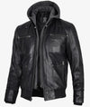 Mens Black Bomber Leather Jacket with Removable Hood - Rare Leather