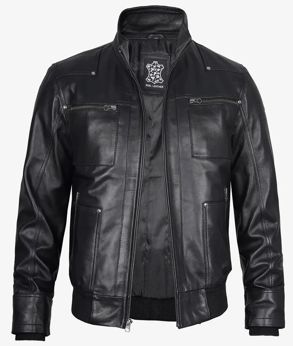 Mens Black Bomber Leather Jacket with Removable Hood - Rare Leather