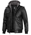 Men's Black Bomber Leather Jacket with Removable Hood - Rare Leather