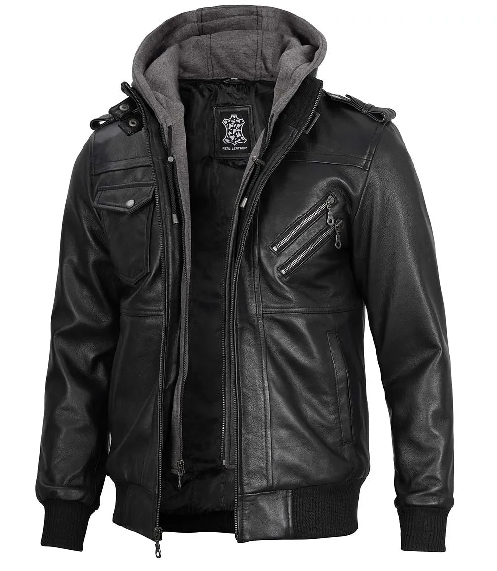 Men's Black Bomber Leather Jacket with Removable Hood - Vox Leather