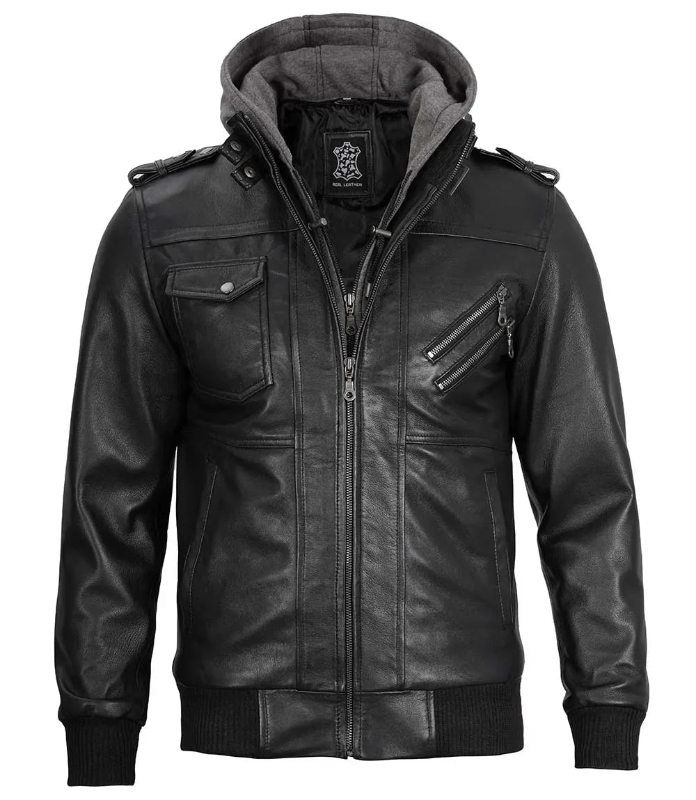 Men's Black Bomber Leather Jacket with Removable Hood - Vox Leather
