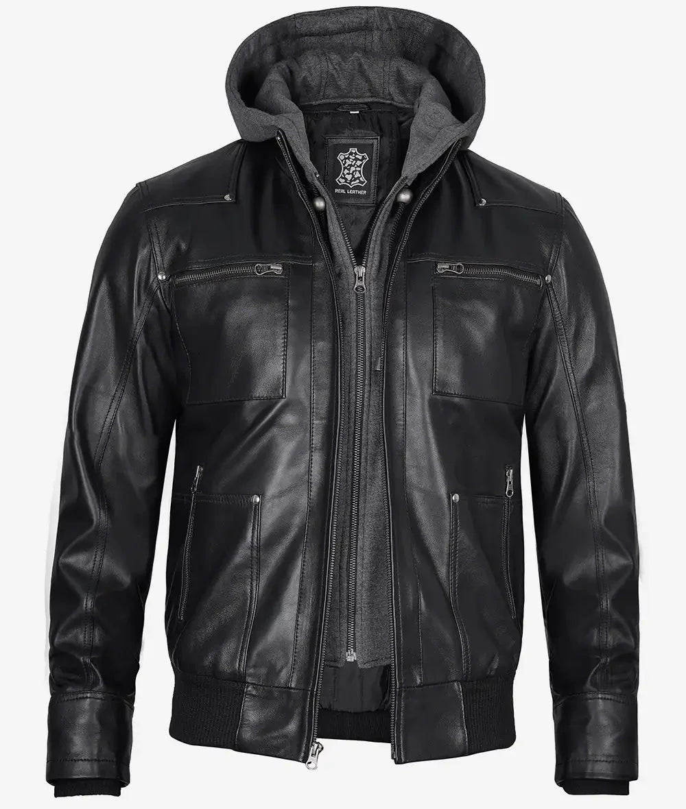 Mens Black Bomber Leather Jacket with Removable Hood - Vox Leather
