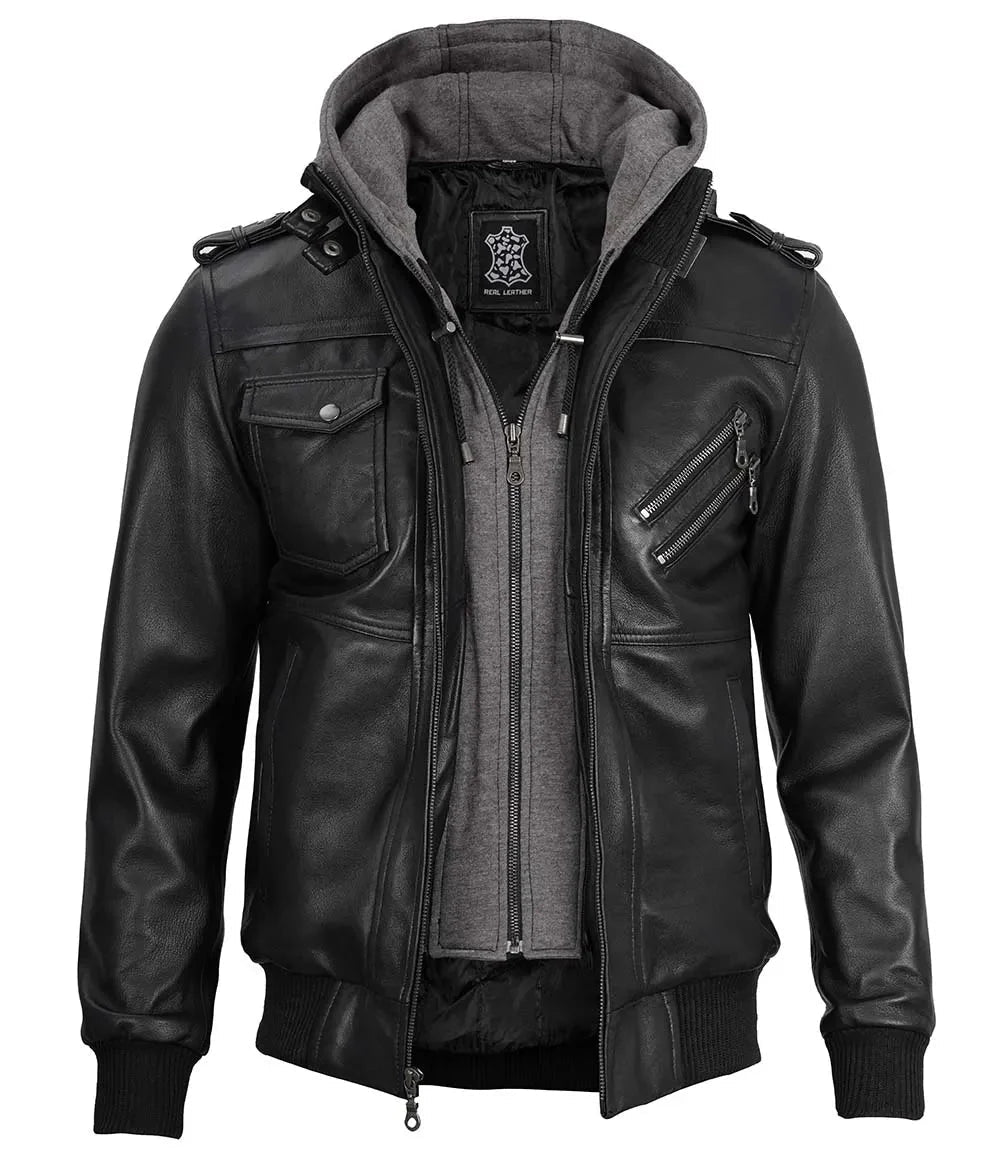 Men's Black Bomber Leather Jacket with Removable Hood - Vox Leather