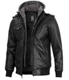 Men's Black Bomber Leather Jacket with Removable Hood - Vox Leather