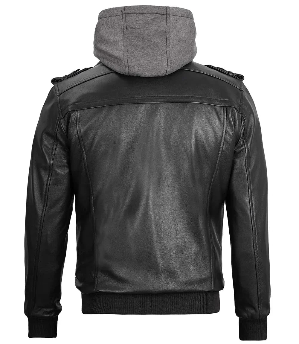 Men's Black Bomber Leather Jacket with Removable Hood - Vox Leather