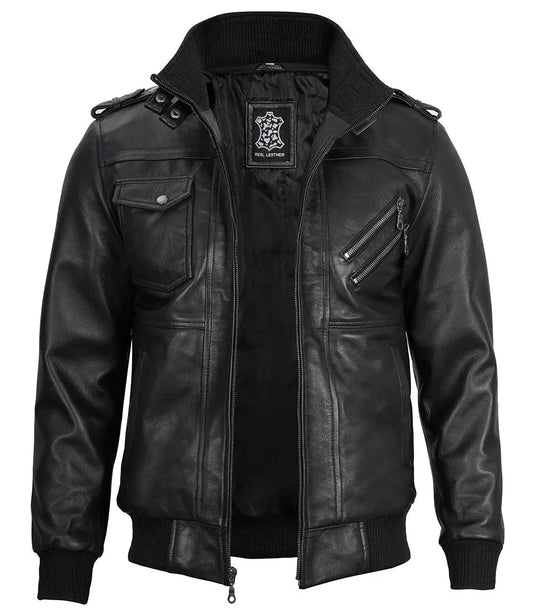 Men's Black Bomber Leather Jacket with Removable Hood - Vox Leather
