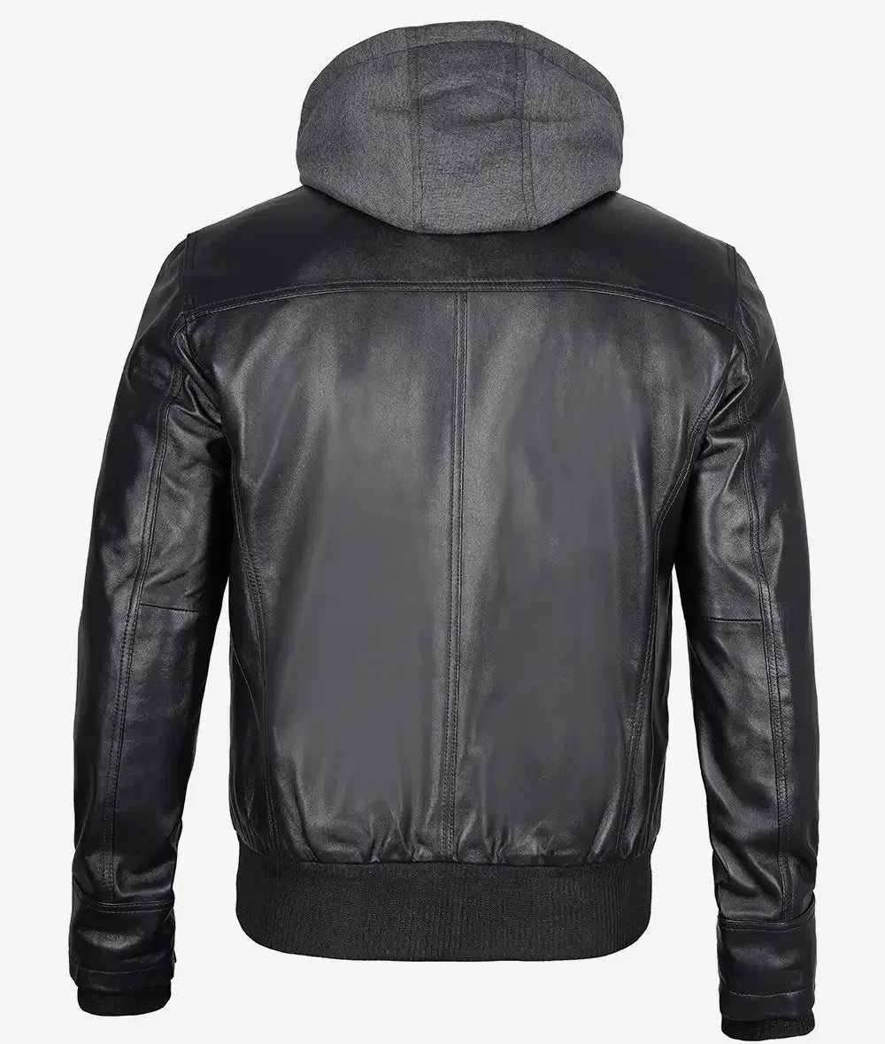 Mens Black Bomber Leather Jacket with Removable Hood - Vox Leather