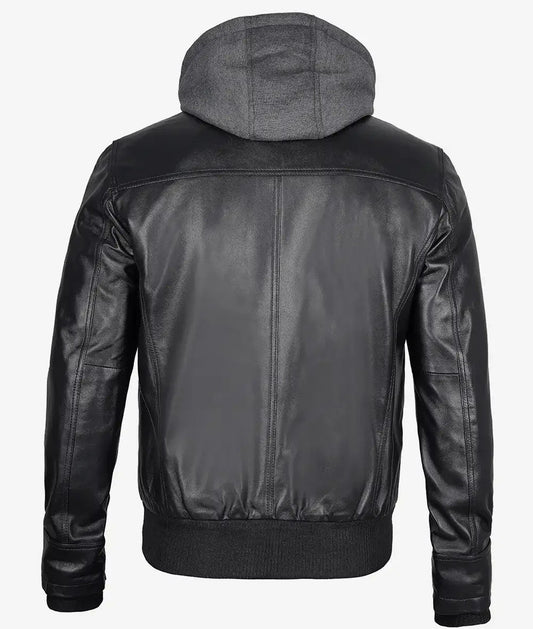 Mens Black Bomber Leather Jacket with Removable Hood - Vox Leather