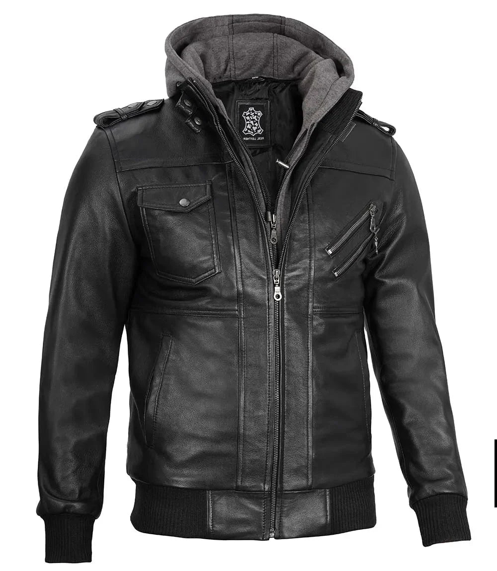 Men's Black Bomber Leather Jacket with Removable Hood - Vox Leather