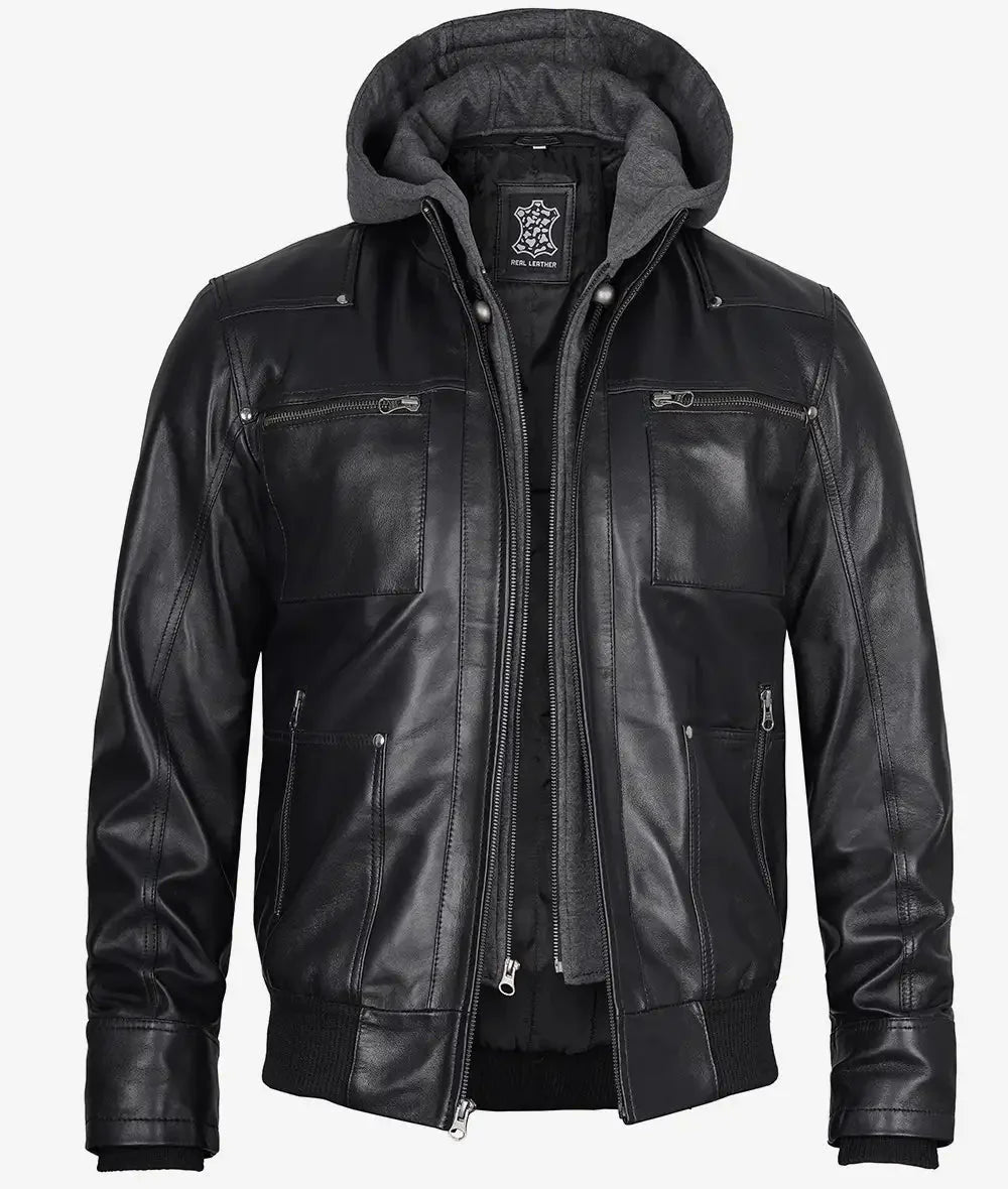 Mens Black Bomber Leather Jacket with Removable Hood - Vox Leather