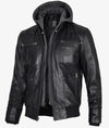 Mens Black Bomber Leather Jacket with Removable Hood - Vox Leather
