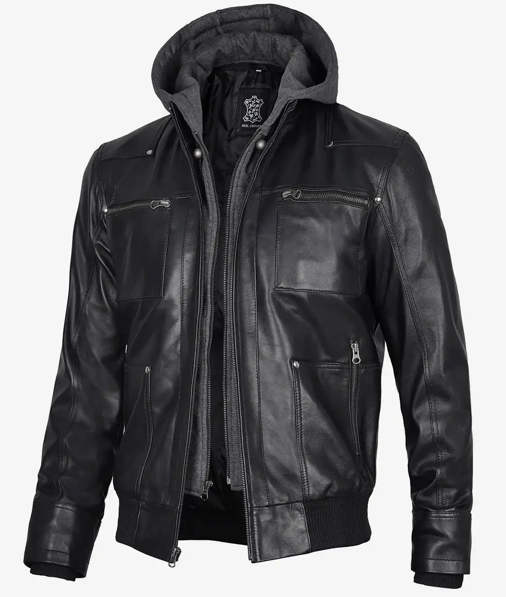 Mens Black Bomber Leather Jacket with Removable Hood - Vox Leather