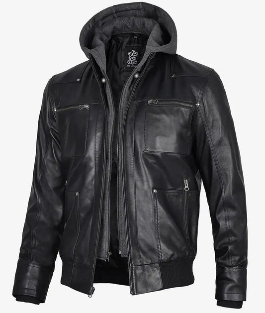 Mens Black Bomber Leather Jacket with Removable Hood - Vox Leather