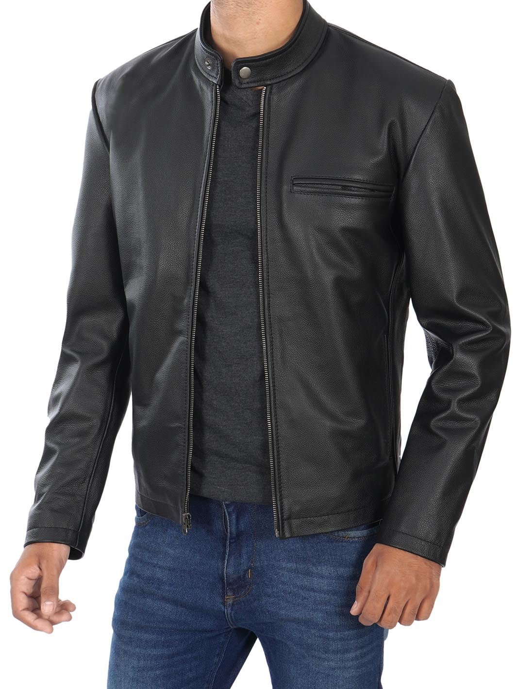Men's Black Cow Hide Leather Cafe Racer Jacket - Rare Leather