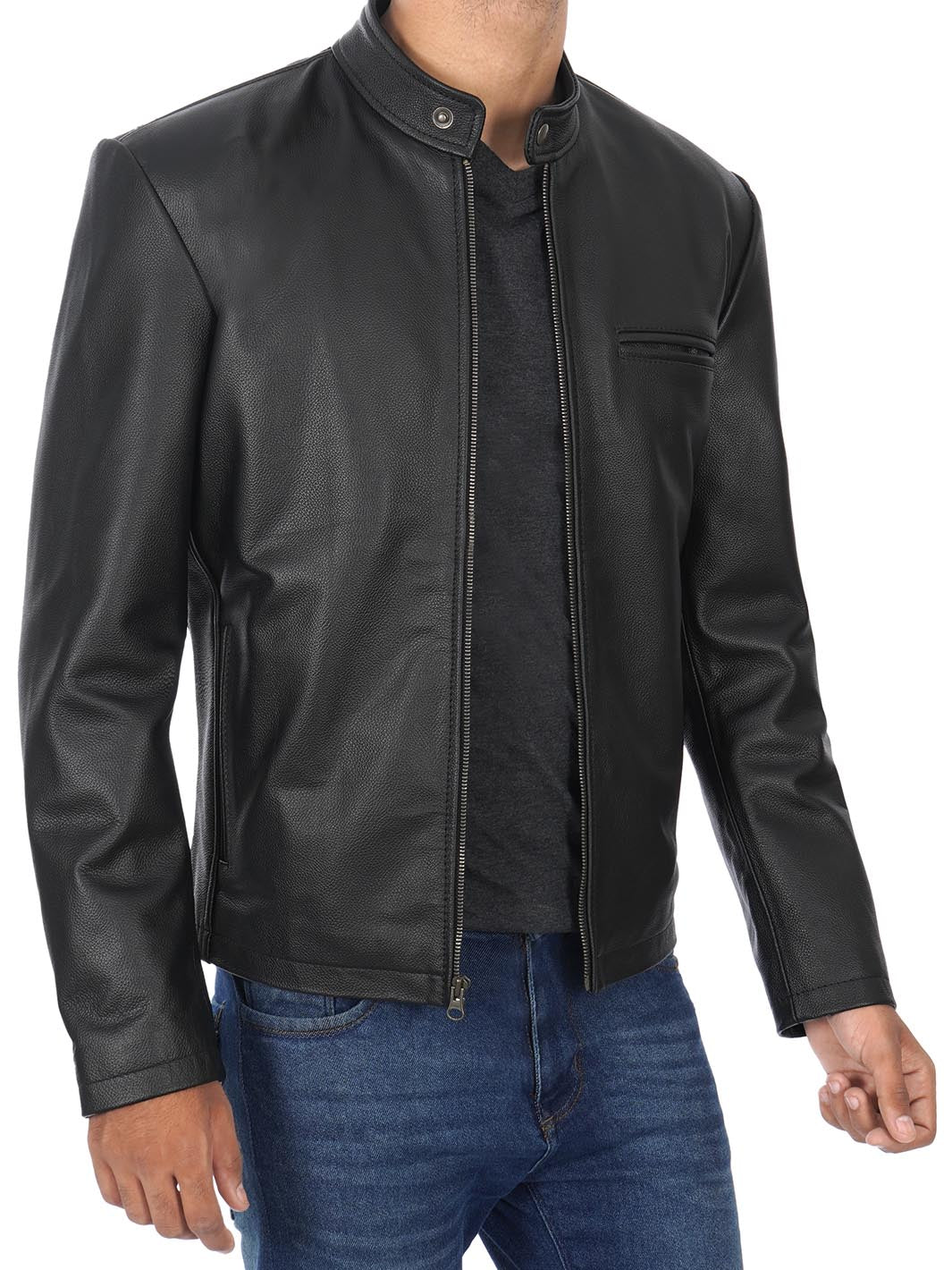 Men's Black Cow Hide Leather Cafe Racer Jacket - Rare Leather