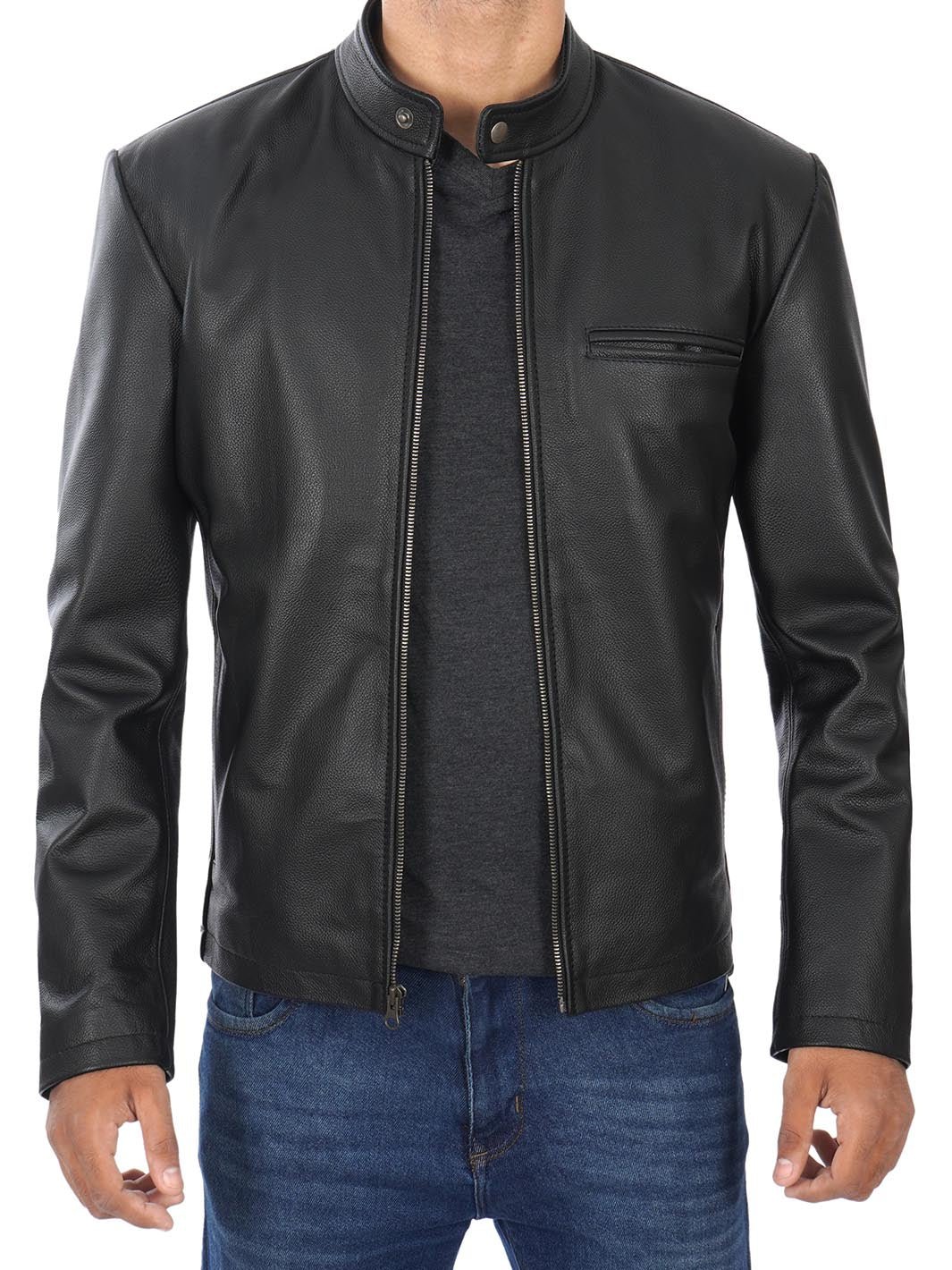 Men's Black Cow Hide Leather Cafe Racer Jacket - Rare Leather