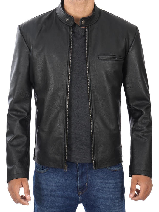 Men's Black Cow Hide Leather Cafe Racer Jacket - Rare Leather