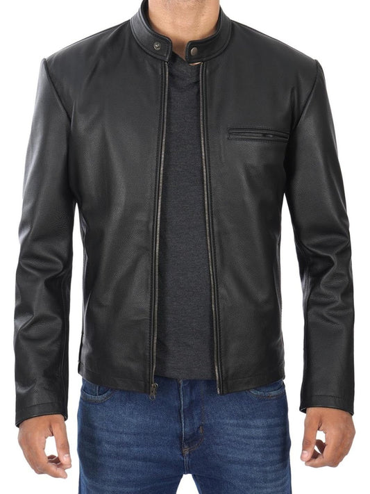 Men's Black Cow Hide Leather Cafe Racer Jacket - Vox Leather