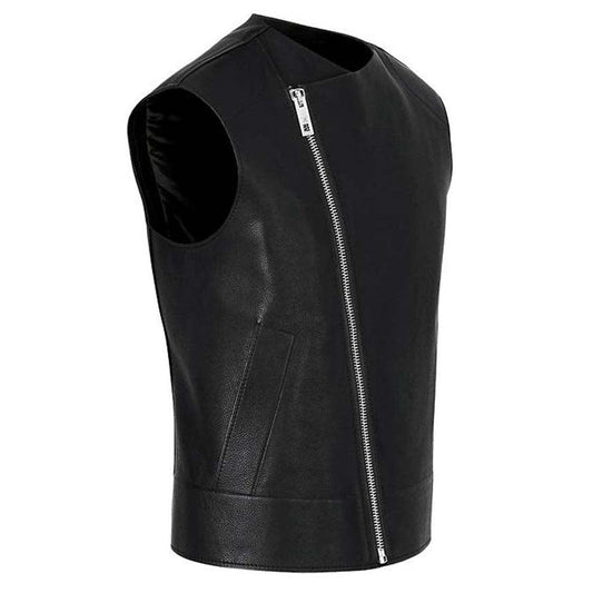 Men’s Black Leather Biker Vest Slim Fit - Vox Leather