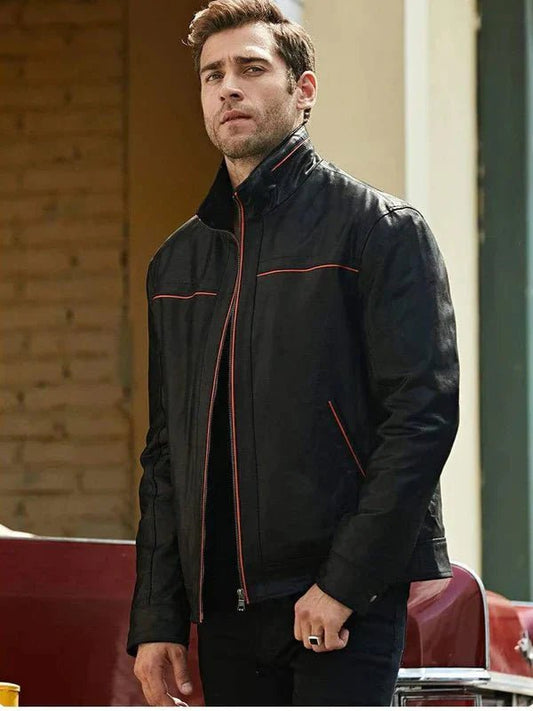 Men's Black Leather Jacket With Red Stripes - Vox Leather
