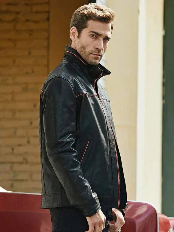 Men's Black Leather Jacket With Red Stripes - Vox Leather