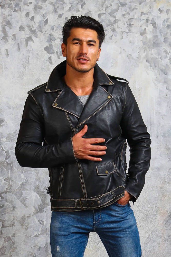 Men's Black Leather Motorcycle Jacket - Rare Leather