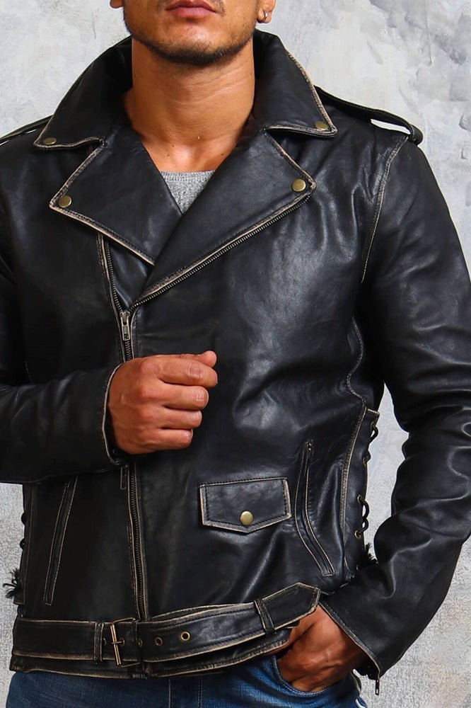 Men's Black Leather Motorcycle Jacket - Rare Leather