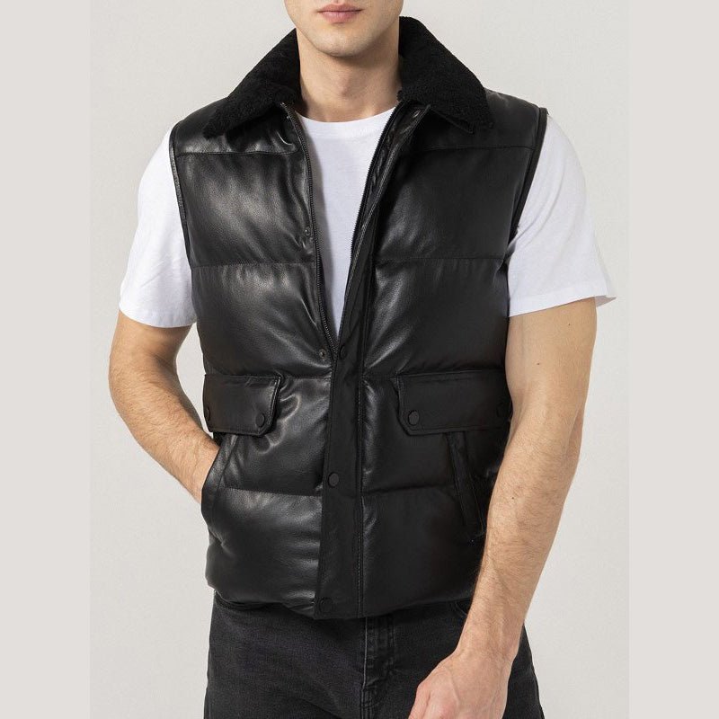 Mens Black Leather Puffer Vest - Vox Leather
