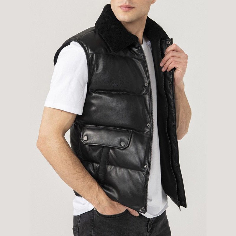 Mens Black Leather Puffer Vest - Vox Leather