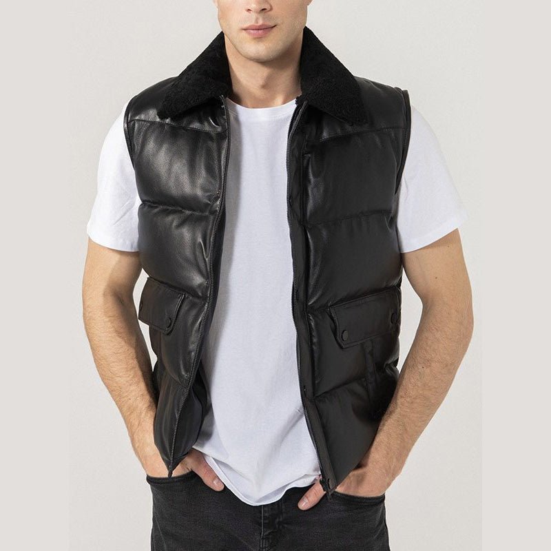 Mens Black Leather Puffer Vest - Vox Leather