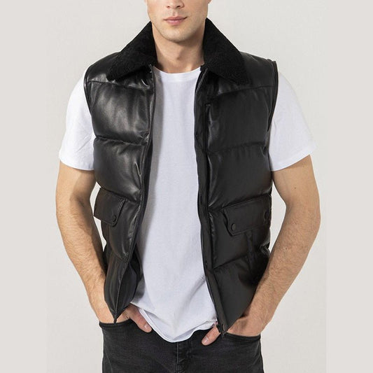 Mens Black Leather Puffer Vest - Vox Leather