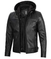 Men's Black Moto Leather Jacket with Removable Hood - Rare Leather