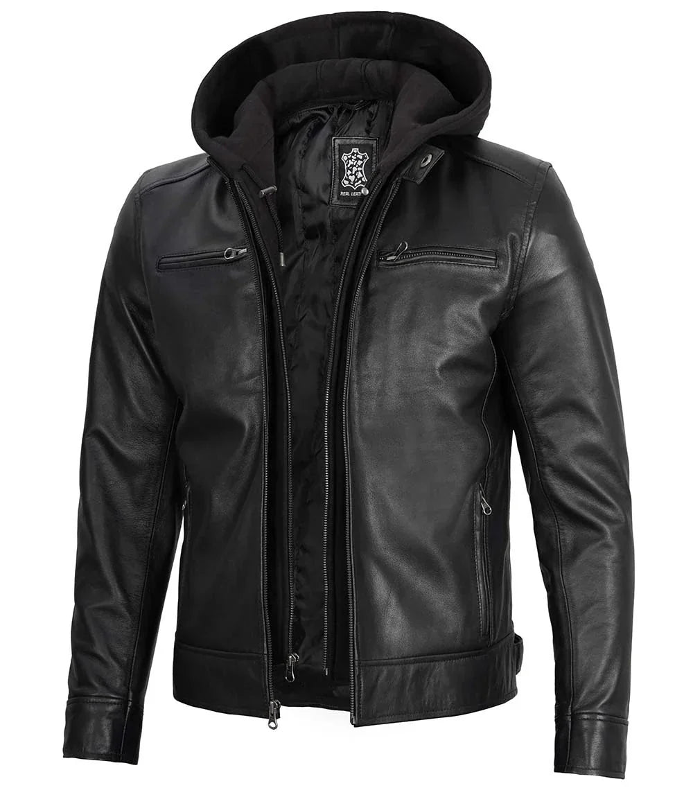 Men's Black Moto Leather Jacket with Removable Hood - Rare Leather