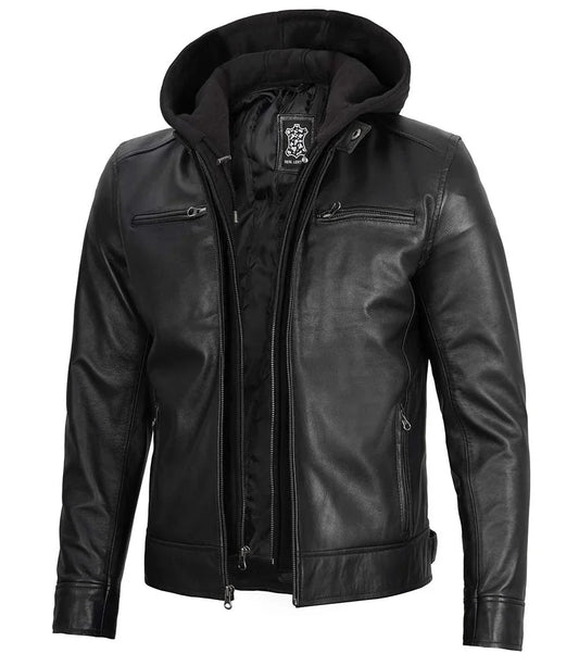 Men's Black Moto Leather Jacket with Removable Hood - Rare Leather