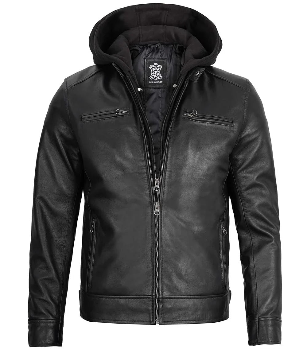 Men's Black Moto Leather Jacket with Removable Hood - Vox Leather