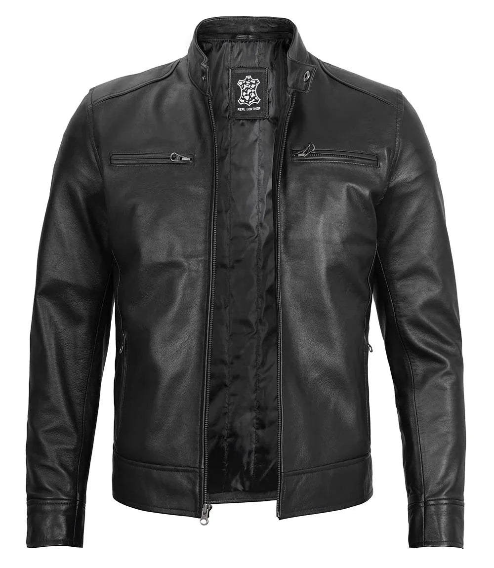 Men's Black Moto Leather Jacket with Removable Hood - Vox Leather