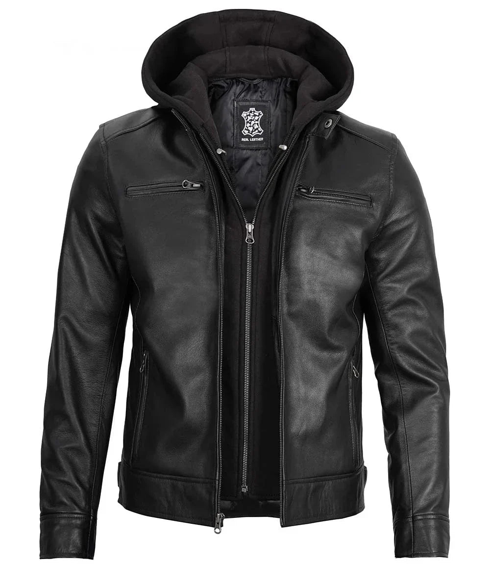 Men's Black Moto Leather Jacket with Removable Hood - Vox Leather