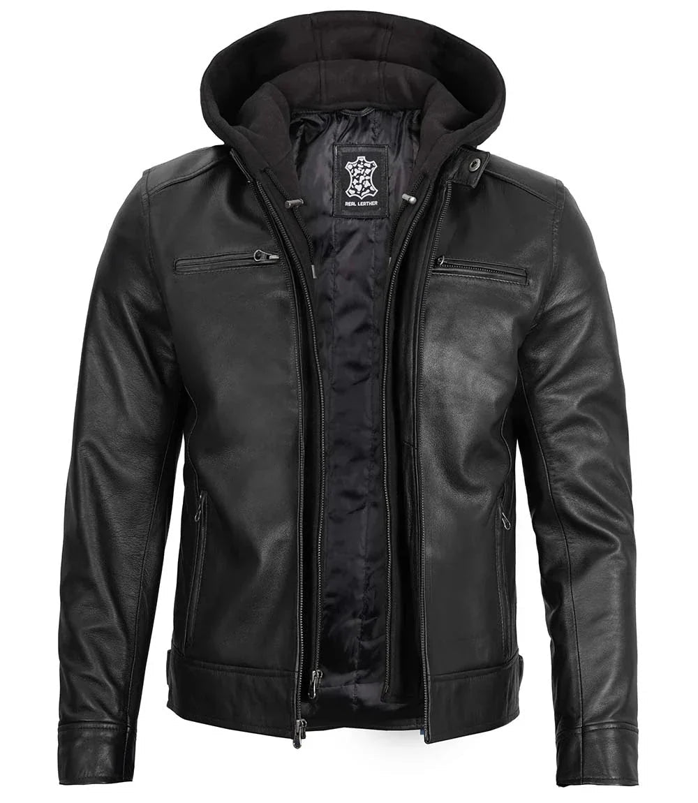 Men's Black Moto Leather Jacket with Removable Hood - Vox Leather