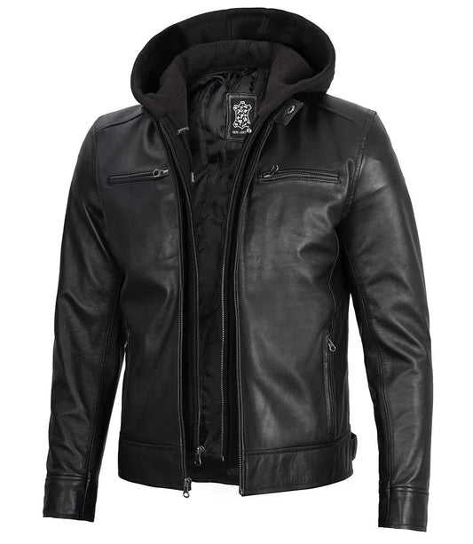 Men's Black Moto Leather Jacket with Removable Hood - Vox Leather