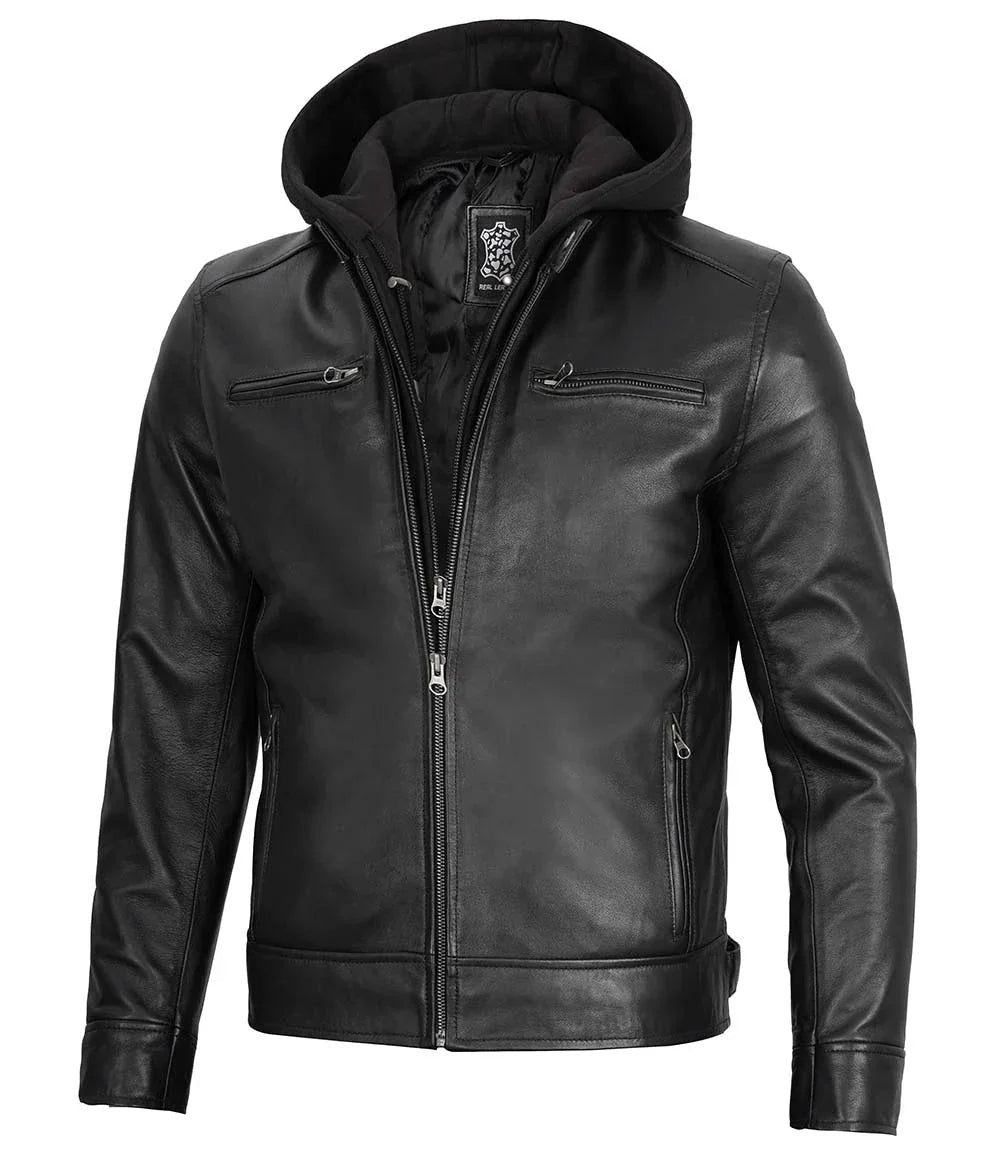 Men's Black Moto Leather Jacket with Removable Hood - Vox Leather