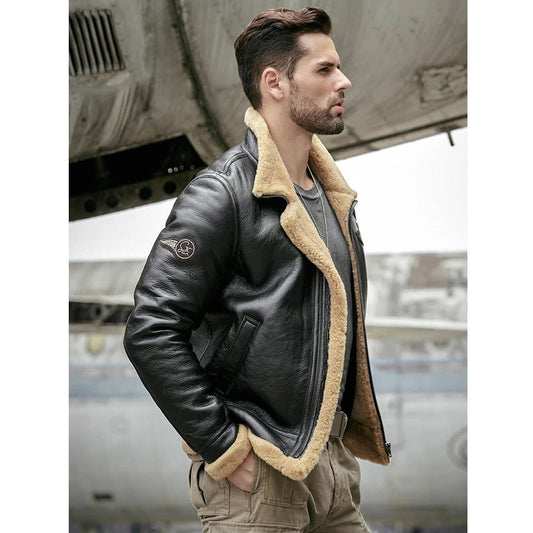 Men's Black RAF Aviator Airforce Sheepskin Shearling Leather Jacket - Vox Leather