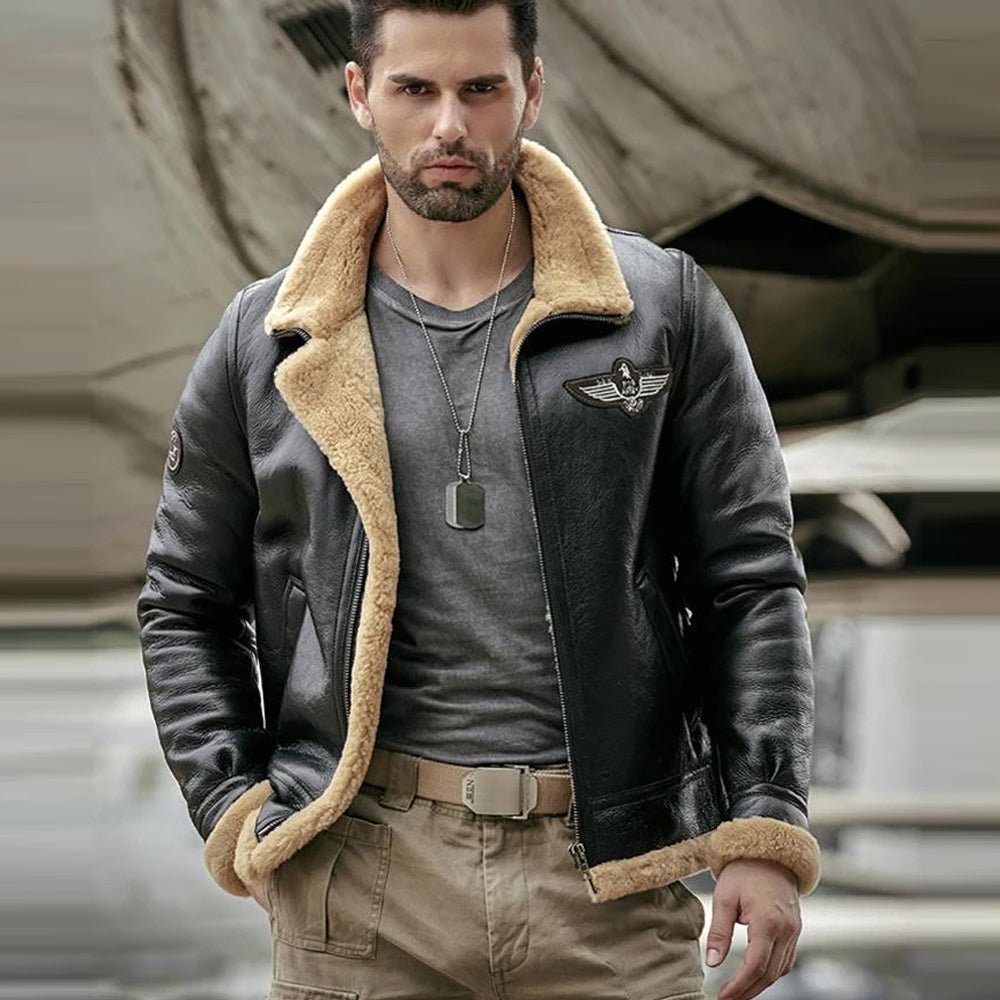 Men's Black RAF Aviator Airforce Sheepskin Shearling Leather Jacket - Vox Leather