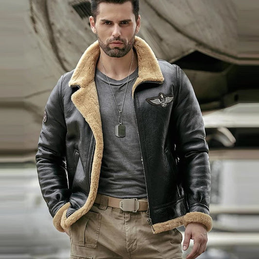 Men's Black RAF Aviator Airforce Sheepskin Shearling Leather Jacket - Vox Leather