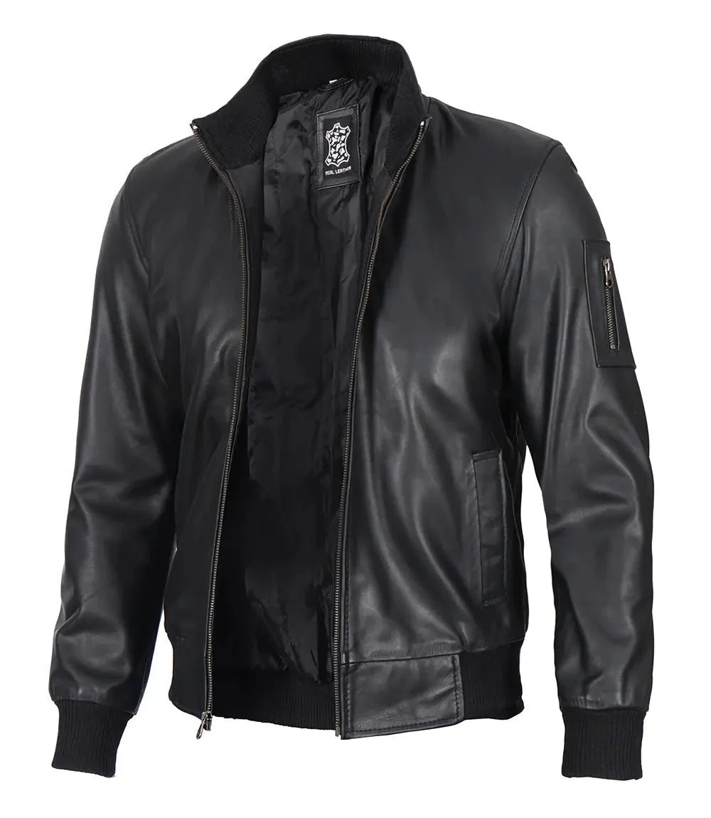 Mens Black Real Cowhide Leather Bomber Jacket - Rare Leather