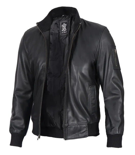 Mens Black Real Cowhide Leather Bomber Jacket - Rare Leather