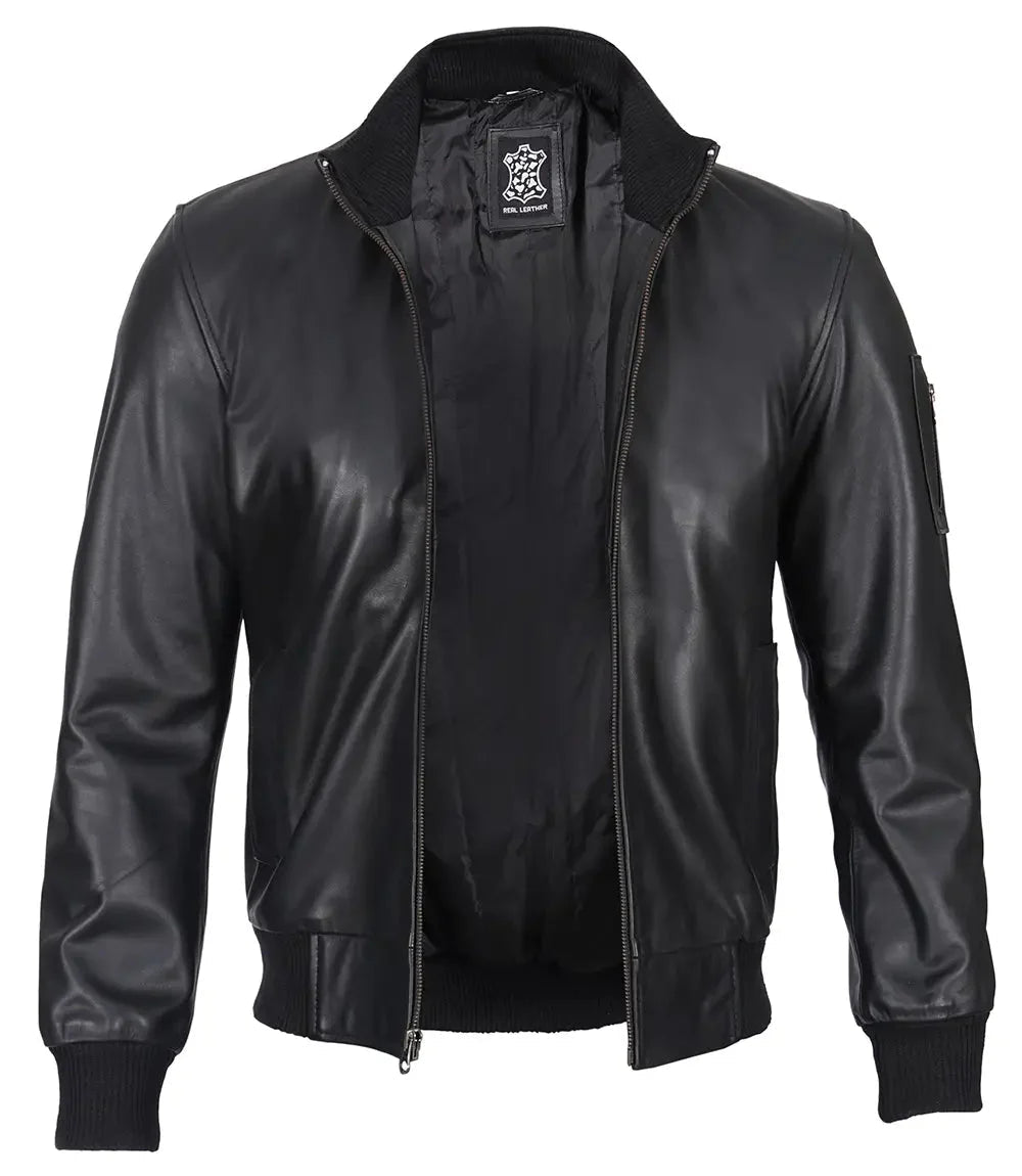 Mens Black Real Cowhide Leather Bomber Jacket - Vox Leather