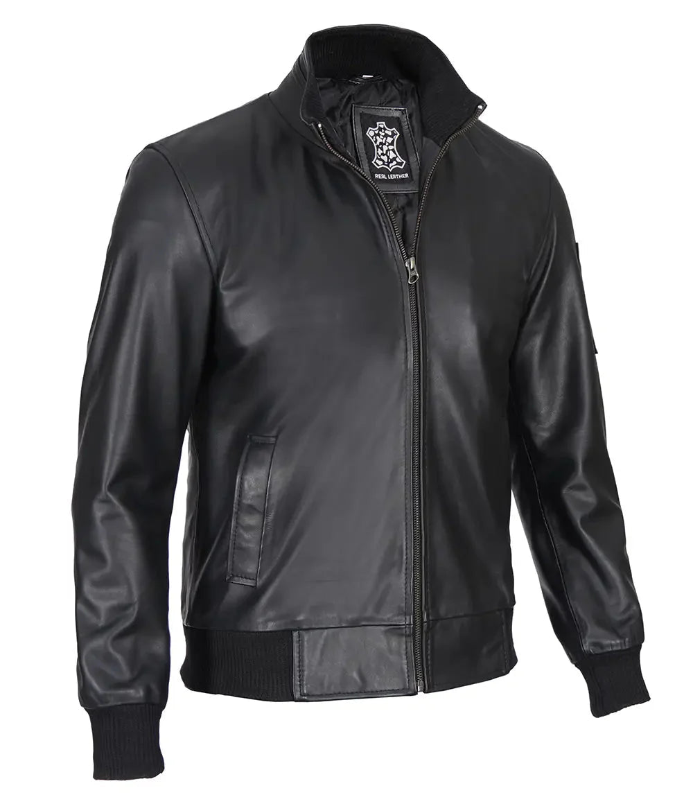 Mens Black Real Cowhide Leather Bomber Jacket - Vox Leather