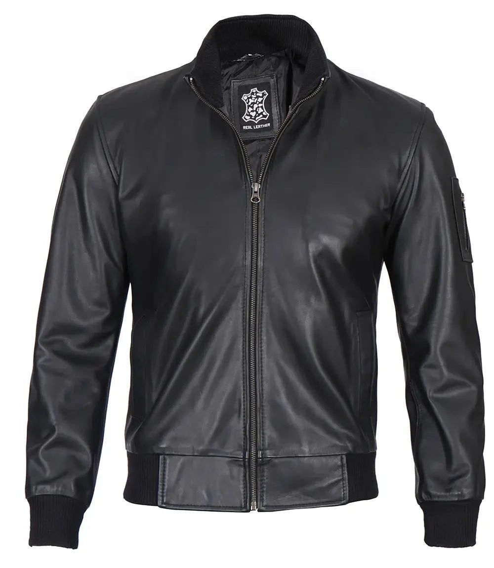 Mens Black Real Cowhide Leather Bomber Jacket - Vox Leather
